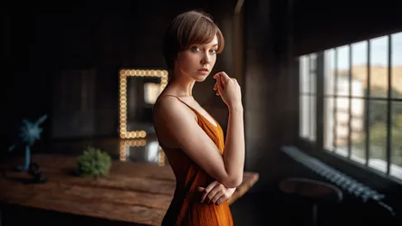 Woman in Orange Dress by Illuminated Mirror - free people & portraits wallpaper 2000×1125