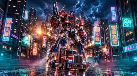 Transforming Robot in Cyberpunk Neon City - free cartoons & comics wallpaper 7680×4287