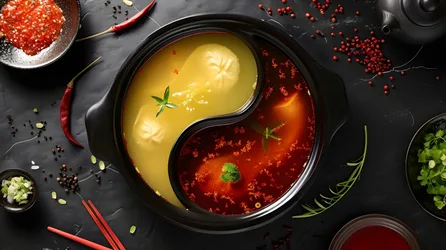 Yin Yang Hot Pot with Red and Yellow Broths - free food wallpaper 7680×4304