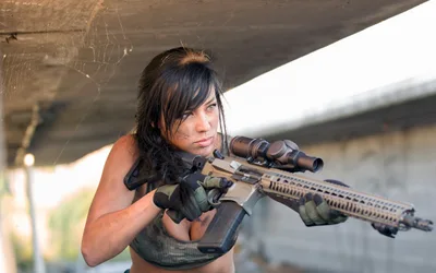 Woman with Scoped Rifle Under Industrial Overhang - free people & portraits wallpaper 3200×2000
