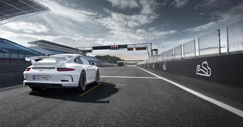 White Porsche 911 GT3 on Racing Circuit Track - free cars & vehicles wallpaper 7680×3994