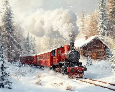 Red Steam Train In Snowy Forest With Cabin - free cars & vehicles wallpaper 2560×2048