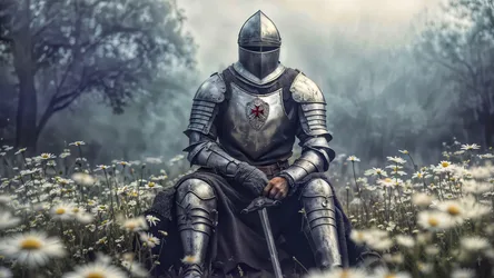 Medieval Knight Sitting in Flower Meadow - free retro & vintage wallpaper 6096×3429