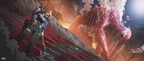 Warrior Woman Facing a Colossal Beast on Crimson Stairs - free anime wallpaper 6116×2624