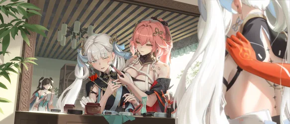 Jinhsi and Zhezhi Applying Makeup in Wuthering Waves - free wallpaper 4964×2128