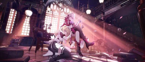 Siroka and Songque in the Library of Honkai Impact 3rd - free wallpaper 5040×2160