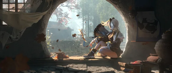 Fantasy Girl Resting in Ancient Ruins - free fantasy wallpaper 3000×1286