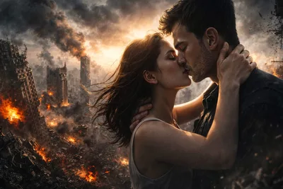 Couple Kissing Against Burning City Skyline - free people & portraits wallpaper 6000×4000