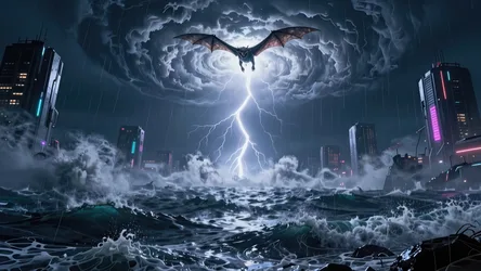 Winged Creature Over Stormy Cyberpunk City Flooded - free fantasy wallpaper 3840×2160