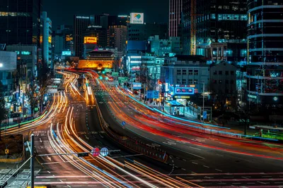 Seoul Night Traffic Light Trails Over Highway - free city & urban wallpaper 7680×5123