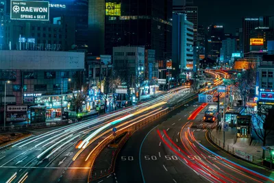 Seoul Night Street with Light Trails and Neon Signs - free city & urban wallpaper 7680×5123