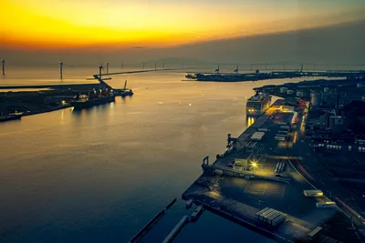 Harbor at Sunset with Cruise Ship and Cargo Vessels - free city & urban wallpaper 7680×5120