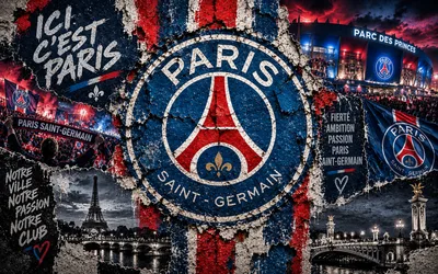 Paris Saint-Germain Football Club Emblem and City Collage - free sports wallpaper 3840×2400