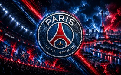 Paris Saint-Germain Logo with Eiffel Tower Cityscape - free sports wallpaper 3840×2400