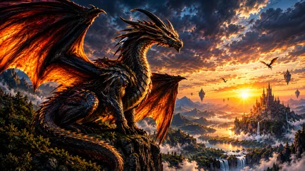 Dragon Overlooking Fantasy Kingdom at Sunset - free fantasy wallpaper 7680×4322