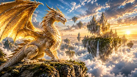 Golden Dragon Overlooking Floating Sky Castles - free fantasy wallpaper 7680×4318