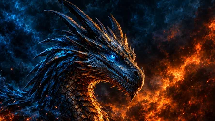 Blue and Orange Dragon Head in Fiery Cosmic Flames - free fantasy wallpaper 7680×4322