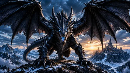 Majestic Black Dragon Over Fantasy Castle Landscape - free fantasy wallpaper 7680×4318