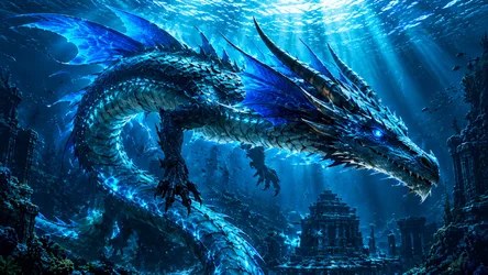 Bioluminescent Dragon in Underwater Ruins - free fantasy wallpaper 7680×4318