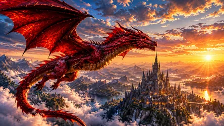 Red Dragon Flying Over Fantasy Castle at Sunset - free fantasy wallpaper 7680×4322