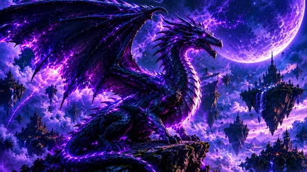 Majestic Purple Dragon Over Mystical Floating Castles - free fantasy wallpaper 7680×4322
