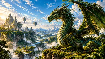 Fantasy Dragon Overlooking Magical Castle Realm - free fantasy wallpaper 7680×4325
