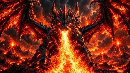 Fire Dragon Breathing Flames in Infernal Landscape - free fantasy wallpaper 7680×4322