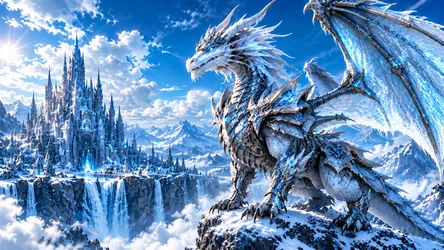 Frost Dragon Guardian Above Crystalline Ice Castle - free fantasy wallpaper 7680×4325
