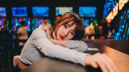 Woman at Gaming Arcade Bar with Neon Lights - free people & portraits wallpaper 7680×4321