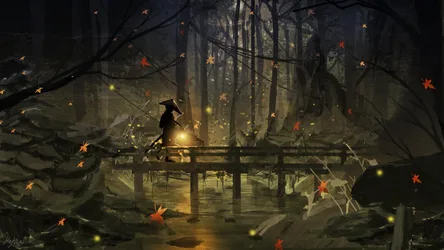 Samurai's Autumn Night Walk Through The Forest - free fantasy wallpaper 1920×1080
