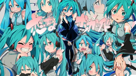 Hatsune Miku Vocaloid Collage with Turquoise Hair and Headphones - free anime wallpaper 1920×1080
