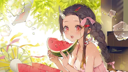 Nezuko Kamado Enjoying Summer Watermelon - free anime wallpaper 2560×1440