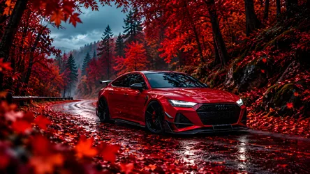 Red Audi Sports Car in Autumn Forest Road - free cars & vehicles wallpaper 7680×4322