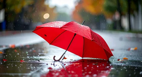 Red Umbrella in Rain on Wet Street - free photography wallpaper 7680×4189