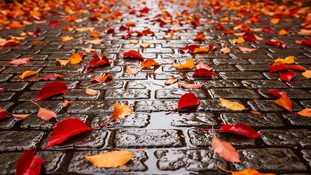 Autumn Leaves on Wet Brick Pavement - free photography wallpaper 4961×2789