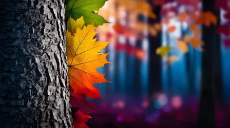 Autumn Leaves on Tree Bark with Blurred Forest Background - free landscapes wallpaper 7680×4283