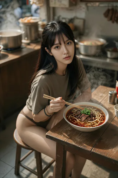 Woman Eating Noodles in Asian Kitchen Setting - free people & portraits wallpaper 4776×7200