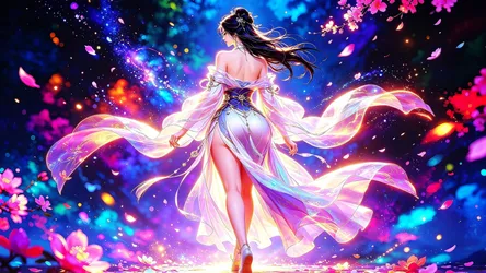 Luminous Woman in Flowing Gown Amid Magical Flowers - free fantasy wallpaper 7680×4322