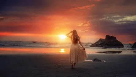 Woman in Lace Dress Watching Sunset at Beach - free people & portraits wallpaper 2048×1152