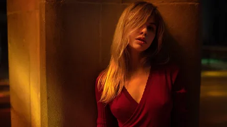 Woman in Red Against Warm-Lit Urban Wall - free people & portraits wallpaper 2400×1350