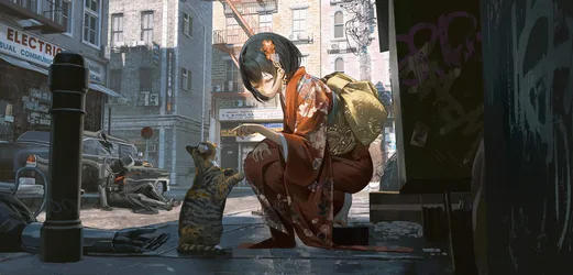 Anime Girl in Urban Alley with Tiger Cat - free animals wallpaper 8000×3838
