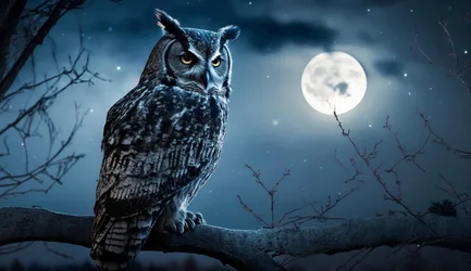 Owl Perched on Branch Under Full Moon at Night - free animals wallpaper 7680×4430
