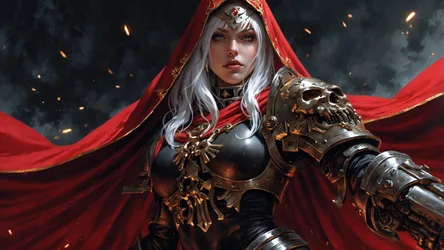 Armored Warrior Woman With Red Cape and Silver Hair - free gaming wallpaper 7680×4315