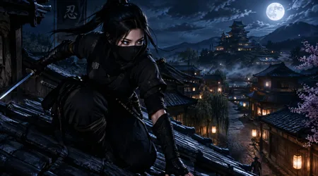 Female Ninja on Rooftop Under Moonlit Asian Village - free anime wallpaper 7680×4260