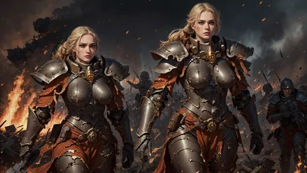 Female Warriors In Ornate Armor Battle Scene - free retro & vintage wallpaper 3072×1728