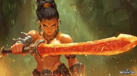 Warrior Woman With Glowing Sword in Jungle - free anime wallpaper 4630×2595