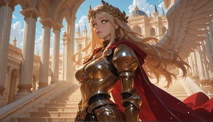 Armored Angel Warrior in Grand Classical Palace - free fantasy wallpaper 7680×4404