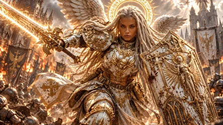 Armored Angel Warrior with Golden Sword and Shield - free fantasy wallpaper 7680×4320