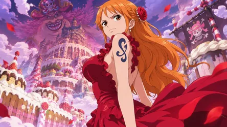 Orange-Haired Anime Girl in Red Dress in Candy Castle - free wallpaper 7680×4322