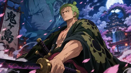 Green-Haired Swordsman in Asian Temple at Night - free wallpaper 7680×4322